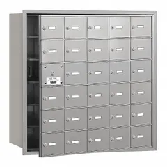 Horizontal multi-unit mailbox with 30 lockable front doors for secure mail distribution. Recessed mounting design for space-saving installation. Dimensions: 35 1/4 in H x 35 3/4 in W x 16 1/2 in D. Suitable for centralized mail delivery in multi-tenant facilities.