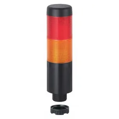 Two-tier tower light assembly with red and yellow light tiers and an integrated sounder tier. Operates on 24V AC/DC with steady light mode. Overall height of 141 mm. Used for visual and audible status indication on machinery, production lines, and process equipment.