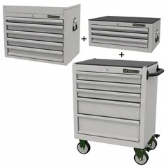 This combo unit includes a top chest, intermediate chest, and rolling cabinet with 13 drawers for light-duty storage. Ball-bearing drawer slides ensure smooth operation, and a keyed locking system secures contents. The top chest measures 26-1/4 in W x 17-5/8 in D x 20-3/4 in H. Suitable for organizing tools and parts in workshops, garages, and industrial facilities.