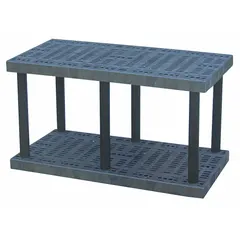 This plastic shelving unit features a fixed press-fit stationary design with two shelves. Constructed from corrosion-resistant High Density Polyethylene, it is suited for environments where moisture or chemicals are present. Overall dimensions are 48 inches wide by 24 inches deep with a 27-inch height.