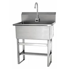 This one-station freestanding hand sink with faucet features a 22 in bowl length and 10 1/2 in bowl depth. It is AC powered with a 0.5 gpm flow rate. Side splash is not included. Suitable for handwashing in commercial or institutional settings.