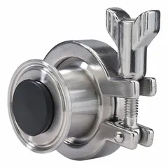 This 3-A certified stainless steel air blow check valve features an inline valve body with clamp x clamp connections for 2 in pipe size. Designed for fluids media, it meets 3A Sanitary Standards with an average surface roughness (Ra) of 32 micron-in. The poppet design allows quick disassembly for cleaning in sanitary fluid systems.