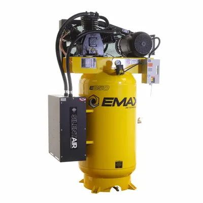 EMAX Electric Air Compressor: 7.5 hp, 2 Stage, Vertical, 80 gal, 30 cfm, 175 psi - Quiet Splash Lubricated Electric Air Compressors with Silencer