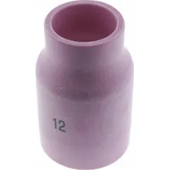 Large-diameter gas lens nozzle made of alumina for TIG welding. Designed to improve shielding gas coverage and reduce turbulence. Sold in a 10-pack. Reference number 53N87.