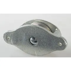 This side-mount pulley block is designed for lifting and pulling applications. It features a steel construction with a bolt-on, sleeve-type mounting configuration. Suitable for industrial material handling tasks requiring a mounted pulley.