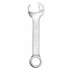 This combination wrench features a 14 mm 12-point box end and open end, made of alloy steel with a satin finish. The offset design provides improved access to fasteners in confined spaces. Overall length is 4 3/8 inches. Suitable for tightening or loosening metric fasteners in automotive, machinery, and industrial applications.