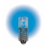 Miniature lamp with E10 screw base and T3-1/4 tubular bulb shape. Operates at 12.8V DC and emits blue light. Suitable for use as an indicator or signal lamp in control panels, instrumentation, and other low-voltage applications