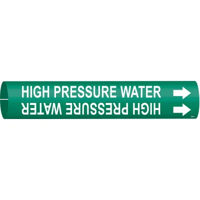 BRADY Pipe Marker: High Pressure Water, Green, White, Fits 2 1/2 to 3 7/8 in Pipe O.D. - High Pressure Water Snap-On Pipe Markers