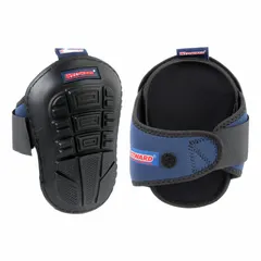 These stabilizing knee pads feature a plastic cap for abrasion resistance, a foam pad for cushioning, and a neoprene strap with a single hook-and-loop closure for secure fit. Suitable for kneeling tasks in industrial and construction settings.