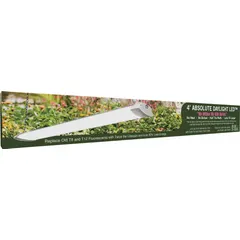 This 4-foot LED grow light fixture kit operates at 120V AC and 55W with integrated LED bulbs. It is linkable for expanded coverage and has a maximum mounting height of 3 ft. Suitable for indoor gardening, greenhouse, and propagation applications supporting vegetative growth.