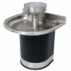 Sensor-operated wash fountain with a semi-circular stainless steel bowl in black/silver finish. Features a P-Trap drain and 32 in overall width. Suitable for high-traffic commercial restrooms where touch-free operation is desired. Not ADA compliant.