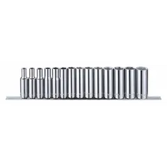 This 14-piece socket set includes 6-point metric sockets ranging from 6 mm to 19 mm with a 3/8 in drive. The set features deep sockets for accessing recessed fasteners and is tether-ready to prevent drops in elevated work areas. Suitable for tightening and loosening metric fasteners in automotive repair, machinery maintenance, and industrial assembly.