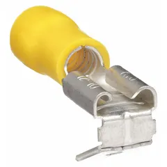 Partially insulated piggyback disconnect with yellow vinyl covering. Tab size 0.25 in x 0.032 in. Used for quick connect or disconnect of electrical wires in control panels, appliances, and industrial equipment.