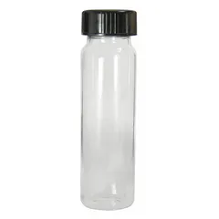 This 7.5 mL glass sample vial features a colorless square body with a self-standing bottom, allowing stable placement on work surfaces. It includes a phenolic closure with a 15-425 mm screw thread for secure sealing. Commonly used for storing and handling liquid or solid samples in laboratory environments.
