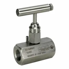 This Parker needle valve features a 316 stainless steel straight body with 1/2 inch female NPT connections on both ends. Designed for precise flow regulation and shutoff in fluid systems, it meets ASTM A 696 standards and is suitable for use in hydraulic, pneumatic, and process lines.