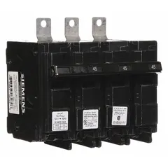 Miniature Circuit Breaker: 45 A Amps, 120/240V AC, 3 Poles, Shunt Trip (MPN B34500S01). Key specifications — Amps: 45 A; AC Voltage Rating: 120/240V AC; Max. AIR Rating: 10kA at 240V AC; For Use With: Siemens P1 Panelboards; Phase: Three; Series: BL.