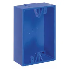 Blue polycarbonate back box kit for mounting and protecting alarm components behind universal button wall fixture covers. Suitable for use in commercial and industrial facilities with fire alarm or security system devices.