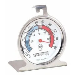 Analog thermometer for monitoring temperatures in refrigerators and freezers. Features a 2 in dial, stainless steel case, glass lens, and hanger for easy placement. Metal-detectable design and NSF certified. Accuracy ±2 °F.