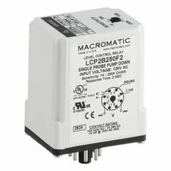 Socket-mounted level control relay with single-probe pump-down function. Operates on 120V AC with contact ratings of 10 A at 240V AC and 7 A at 28V DC. Features LED status indicator and 8-pin terminal connection. Used for pump-down applications in fluid level management.