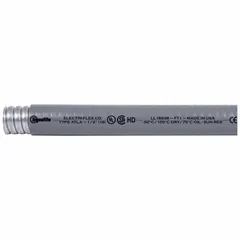 LIQUATITE ATLA-13 is a 1-inch trade size, gray, extreme temperature liquid-tight flexible metal conduit from the ATLA series. It provides liquid-tight protection for wiring in environments with high and low temperature extremes. The conduit is resistant to moisture, oils, and chemicals, making it suitable for harsh industrial applications. Supplied in a 100-foot nominal length.