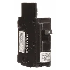 Single-pole bolt-on miniature circuit breaker rated 45 A at 120V AC. Provides overcurrent protection for branch circuits in electrical distribution systems. Standard type with compact form factor for use in compatible panelboards.