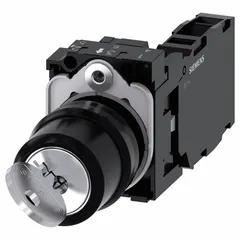 Panel-mounted key switch with 22 mm mounting diameter, 1 normally open and 1 normally closed contact, maintained switch action in both positions. Key removable in any position. Suitable for industrial control panel applications requiring key-operated access, such as mode selection or equipment lockout.