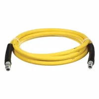 This 15 ft washdown hose assembly features a 3/8 in inside diameter, rated for 3,000 psi and temperatures from -20° to 210° F. The yellow antimicrobial carboxylated nitrile cover resists bacteria growth, making it suitable for high-pressure cleaning in industrial washdown applications such as food processing and sanitation