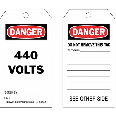 BRADY Danger Tags: Black/Red/White, Cotton String, 100 Tags, Electrical Hazard - Danger/440 Volts Signed By: Date: / Danger/Do Not Remove This Tag Remarks: Tags