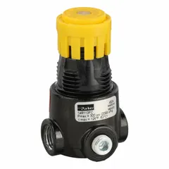 Zinc-bodied compressed air regulator with 1/4 in NPT ports, 15 scfm flow capacity, and adjustable pressure range of 0 to 125 psig. Maximum operating pressure is 300 psig. Controlled by a knob for precise downstream pressure adjustment in pneumatic systems.