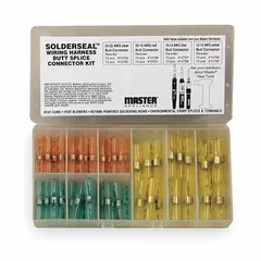 Mixed wire connector and terminal set from the Solderseal™ series. Includes 25 red connectors and accommodates wire sizes from 24 AWG to 10 AWG. Suitable for making secure solderless connections in electrical and electronic applications, such as repair, maintenance, and installation tasks.