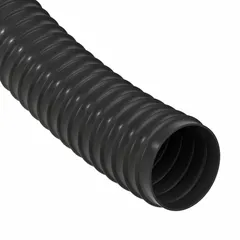 Liquid-tight flexible plastic conduit for protecting electrical wiring in wet or corrosive environments. Trade size 1/2 in, black, supplied in 100 ft nominal length. Suitable for machine tools, processing lines, and outdoor equipment requiring moisture resistance and flexibility.