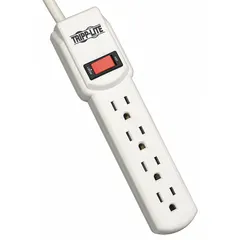 General purpose surge protector outlet strip with 4 outlets, 4 ft cord, 450 J rated energy, and 15 A current. UL 1363 listed with keyhole mounting for secure attachment. Suitable for basic power distribution and surge protection in industrial equipment setups.