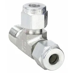 Steel double-ferrule compression tee fitting with 1/4" OD tube x 1/4" pipe x 1/4" OD tube configuration and 1/4"-18 thread size. Compatible with Parker A-LOK brands. Used to create a T-shaped junction in tubing systems for fluid or gas conveyance.