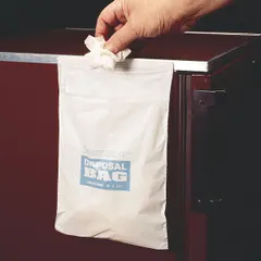 White HDPE disposal bag with adhesive closure, printed with 'Disposal Bag' legend. 10 mil thickness, 16 in height, 12 in width. Pack of 50. Used for safe containment and transfer of laboratory waste specimens.