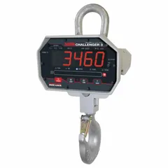 Crane scale with 500 lb capacity, 0.2 lb readability, and ±0.1% accuracy. Aluminum housing, weighs in pounds, meets ANSI standards. Includes 115/230V AC battery charger. Used for suspended weighing in industrial material handling and inventory management.