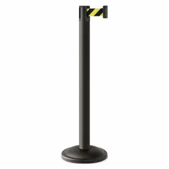 This pattern retractable belt post barrier features a 10 ft black/yellow horizontal stripe belt with no legend. The post is black steel with a cast iron base. Used for crowd control and area delineation in industrial environments such as warehouses and factories.