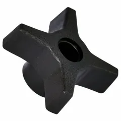 This 4-arm knob with an unthreaded hole provides a manual grip interface for adjustment, clamping, or positioning on machinery and fixtures. It has a 45 mm diameter and is constructed from plastic with a steel/zinc insert, featuring an M8 thread for mounting on threaded studs or shafts.