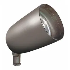Incandescent outdoor flood and accent light rated for 150 W at 120V AC. Bronze housing with overall length of 8-5/8 in and width of 6-1/4 in. No lamp included. Suitable for landscape and architectural illumination, highlighting pathways, gardens, or building features.