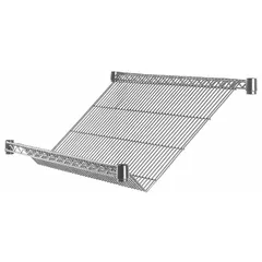 Steel wire shelf with chrome finish, designed for gravity-flow dry storage. Split sleeve type, NSF Approved, 200 lb capacity. Suitable for organizing boxed goods in commercial kitchens, warehouses, and retail displays.
