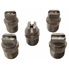 This threaded nozzle produces a fan spray pattern and is rated for 5,000 psi and 16.77 gpm. The 15 nozzle size delivers a wide spray for efficient rinsing. Sold in a pack of 5, it is used with high-pressure washers for cleaning surfaces such as concrete, equipment, and vehicles.