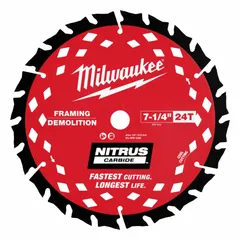 This 3-pack of 7-1/4 in circular saw blades features 24 carbide teeth with a 0.08 in kerf and 5/8 in arbor. Designed for cutting wood that may contain embedded screws, nails, or other fasteners, suitable for demolition, framing, and general construction applications.