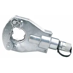 Remote hydraulic crimping head with Quad Point design for cable crimping. Accommodates copper and aluminum cables up to 750 kcmil. Features a 3/8 in male screw-type coupler for connection to a hydraulic power source.
