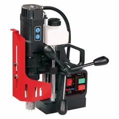 The STEELMAX SM-D1 is a standard magnetic drill press with an electric magnet, operating at a fixed speed of 350 RPM. It features a Weldon spindle and provides 2-3/4 inches of drill travel, powered by 115V AC. This unit is designed for industrial drilling applications requiring magnetic base attachment to ferrous surfaces.