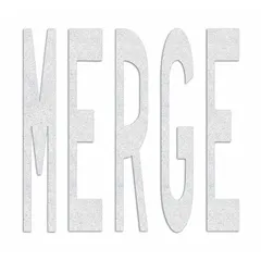 This white thermoplastic pavement marking displays a 'Merge' legend and measures 8 ft long by 7 5/8 ft wide. It is applied using a hand torch adhesion method. Used to indicate merging traffic lanes on roadways and parking lots.