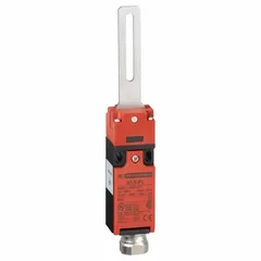 Safety-interlock switch with lever and roller actuation, featuring a 1NO/1NC contact configuration and straight hinge design. Equipped with a flat actuating key and 1/2 in NPT conduit terminal connection. Used to monitor the position of movable guards on industrial machinery, preventing operation when guards are open.