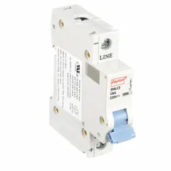 This DC-only rated supplementary protector is designed for overcurrent protection in DC circuits such as control panels, telecom equipment, and battery systems. It features a 1-pole configuration, C curve type for moderate inrush currents, and screw clamp terminals. Rated 6 A at 220V DC with a maximum interrupting rating of 10kA at 220V DC. Not rated for AC voltage.