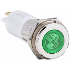 Green LED pilot light with flush head designed for 12 mm panel mounting hole. Features 0.11 Male Quick Disconnect electrical connection. Used as a visual status indicator in industrial control panels and machinery.