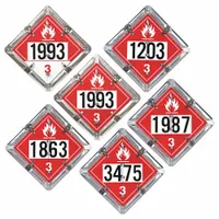 This placard is used to identify containers holding Class 3 flammable liquids during transport. It measures 13 3/4 in x 13 3/4 in with a label height of 13 3/4 in and displays the message 'Various DOT Classes'