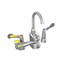 Counter-mount faucet with integrated plumbed eyewash providing eye coverage without a bowl. Features hot and cold handles and swing-left activation. Suitable for installation in laboratories, healthcare, and industrial settings where emergency eye irrigation is needed.