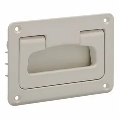 This ELESA folding pull handle is made of white plastic with a recessed design for flush mounting. It has unthreaded holes with a 118 mm mounting hole center-to-center distance and a 16 mm diameter, accepting M4 screws. Suitable for use on industrial enclosures, machinery doors, and panels where a space-saving grip is required.